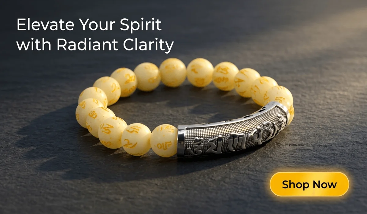 Fluorite Harmony Mantra Bracelet featuring yellow engraved beads and silver cylinder on a Zen-style background with a Shop Now button
