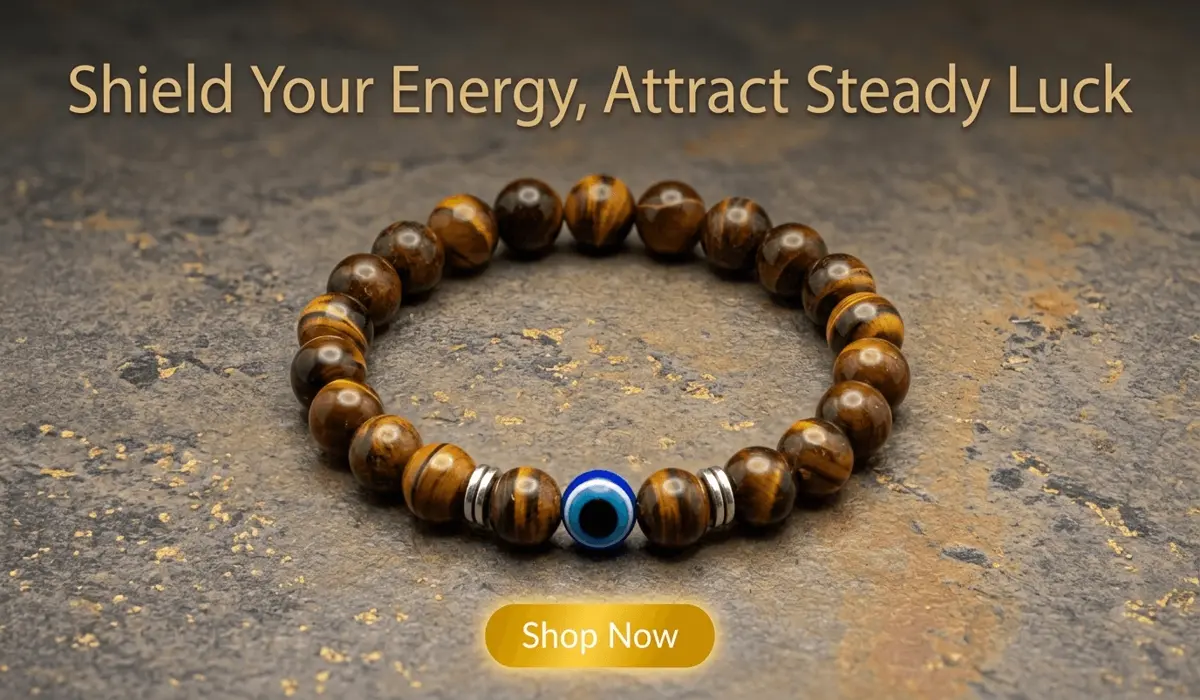 Negativity-Blocking Evil Eye and Tiger's Eye Bracelet with Shop Now button