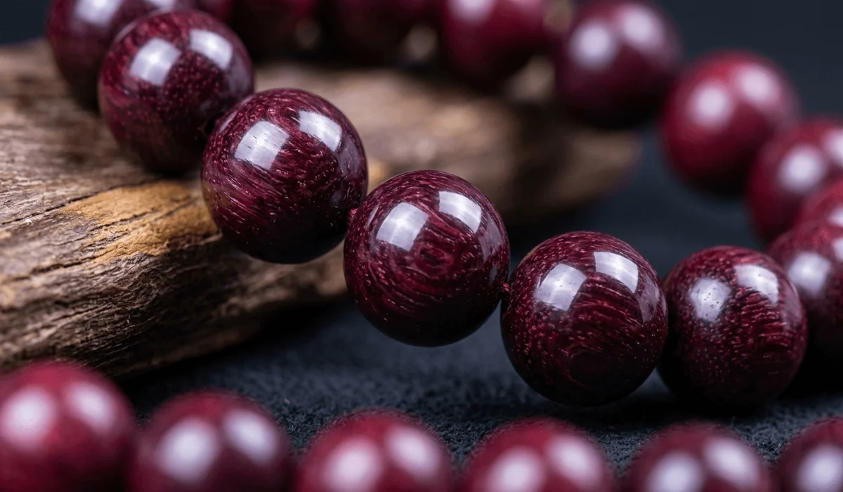 A close-up of red sandalwood beads featuring a mirror-like glass patina and deep red wood grain.