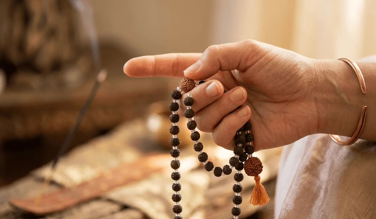 Correct hand placement for Japa meditation showing the thumb and middle finger moving lotus seed beads while avoiding the index finger.