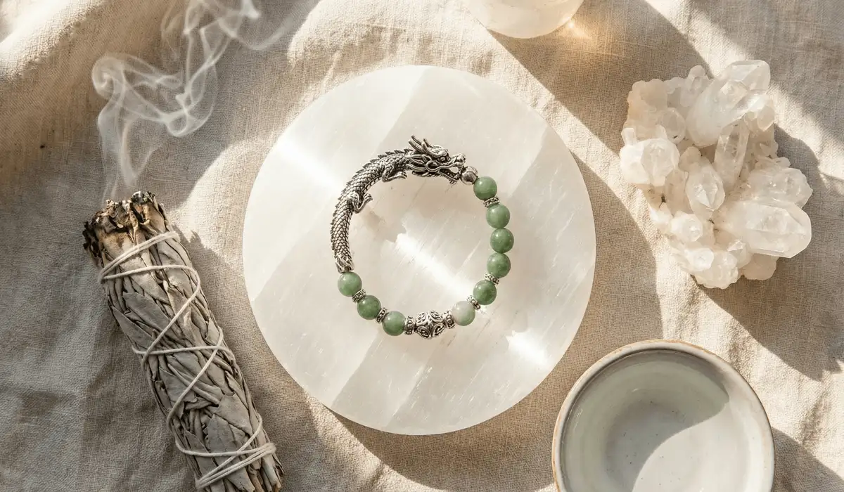 A dragon bracelet being cleansed with sage and charged on a Selenite plate for spiritual activation.