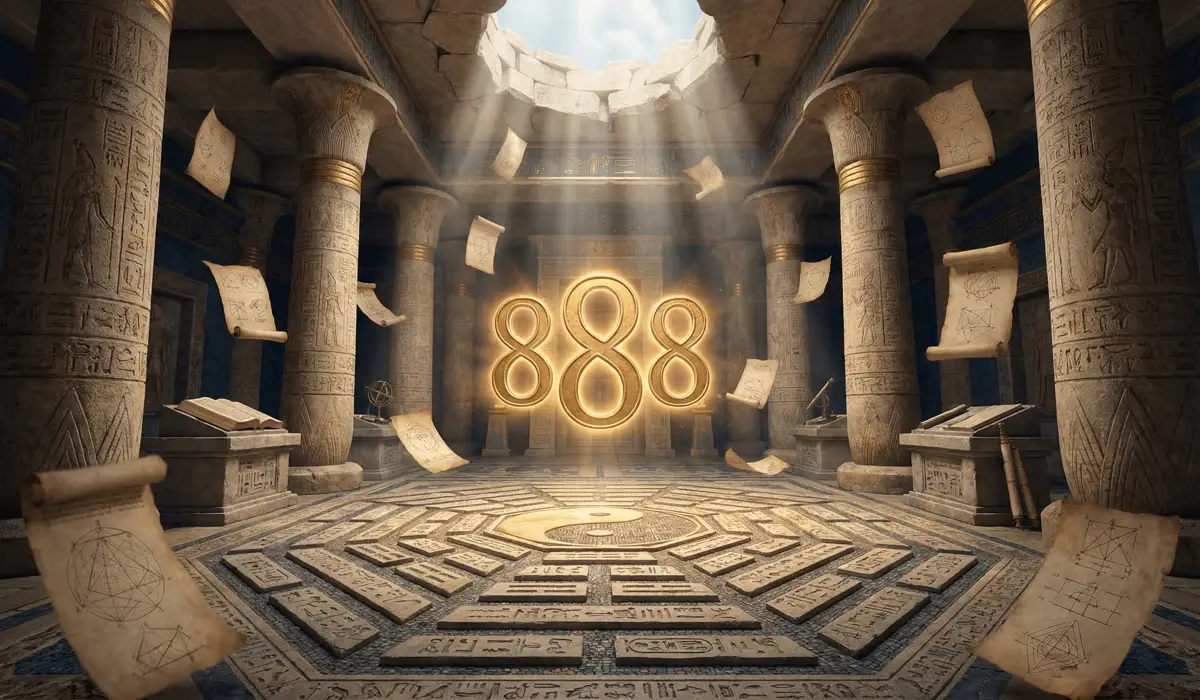 A mystical fusion of ancient Egyptian, Chinese, and Pythagorean symbols surrounding a glowing golden 888 angel number, representing the historical origins of career success.