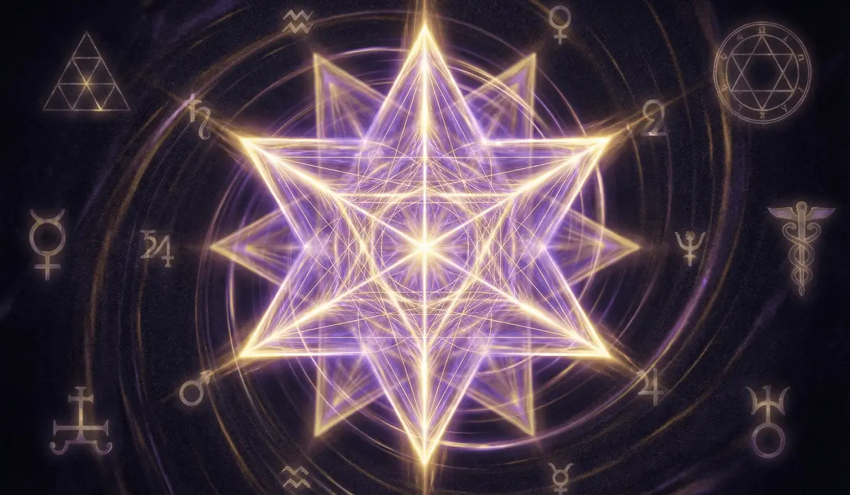 Sacred geometry of the number 12 and Merkaba star representing a spiritual quantum leap and cosmic order.