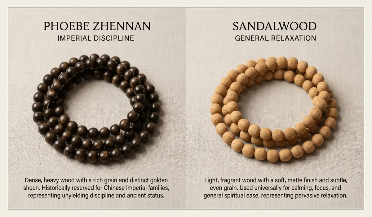 Comparison between Phoebe Zhennan wood and Sandalwood mala beads for meditation intentions.
