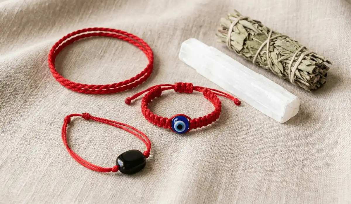A collection of protective baby jewelry including red string bracelets, evil eye beads, and cleansing crystals.