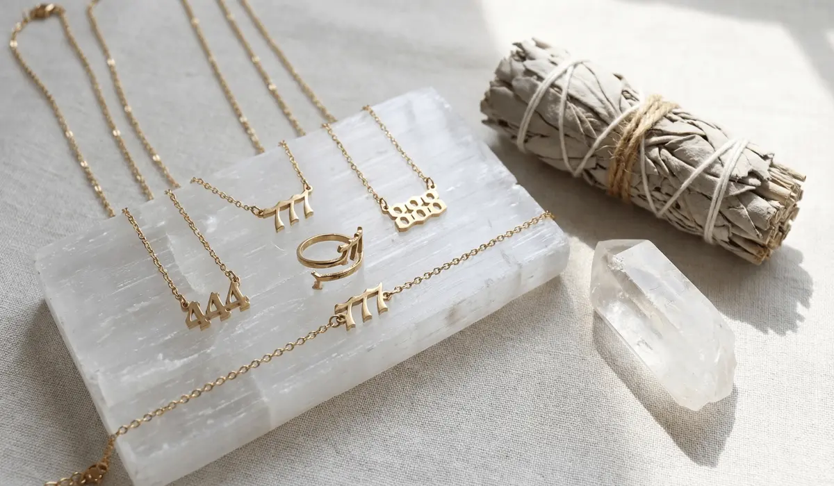 Various angel number necklaces including 444 and 777 resting on a selenite crystal for spiritual cleansing.