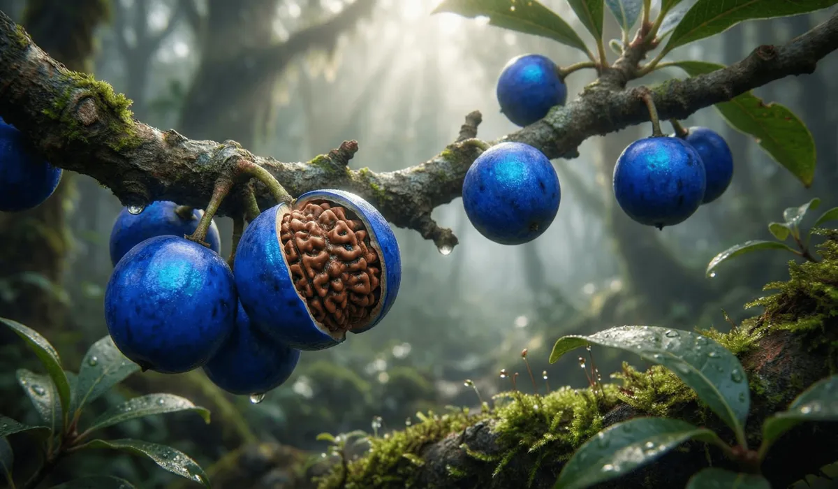 Macro shot of blue Rudraksha fruits on a tree branch in the Himalayas, revealing the sacred seed inside.