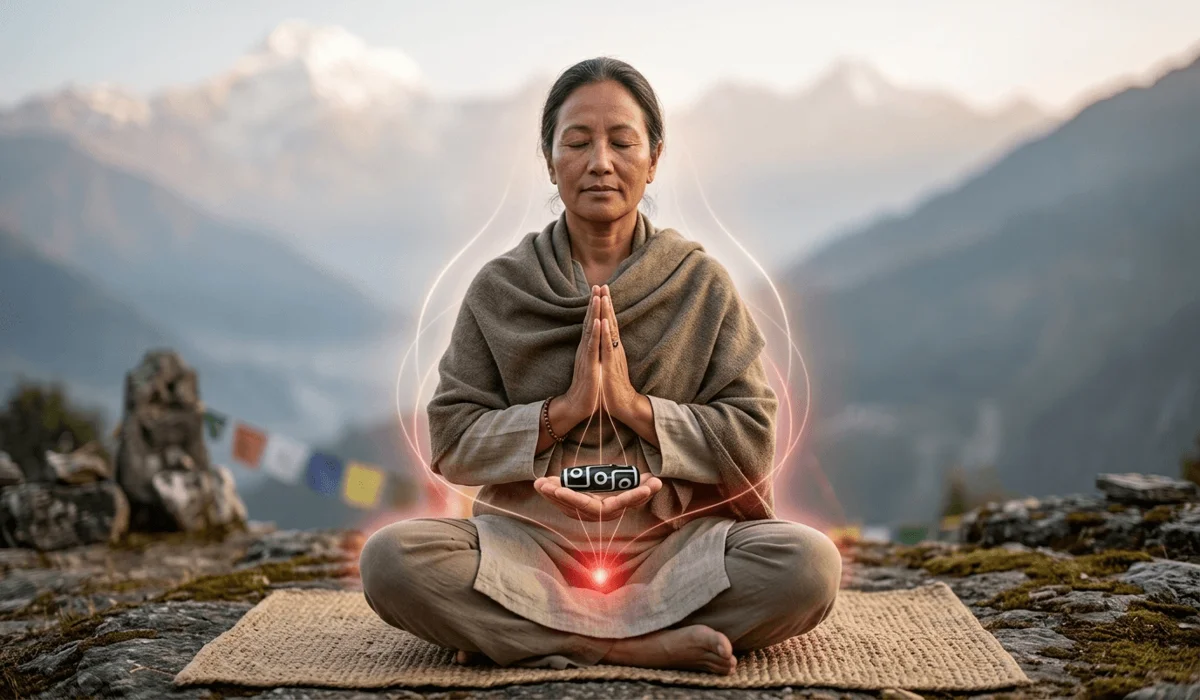 A person meditating with a 9-eyed Dzi bead to balance energy and connect with the Root Chakra for grounding and protection.