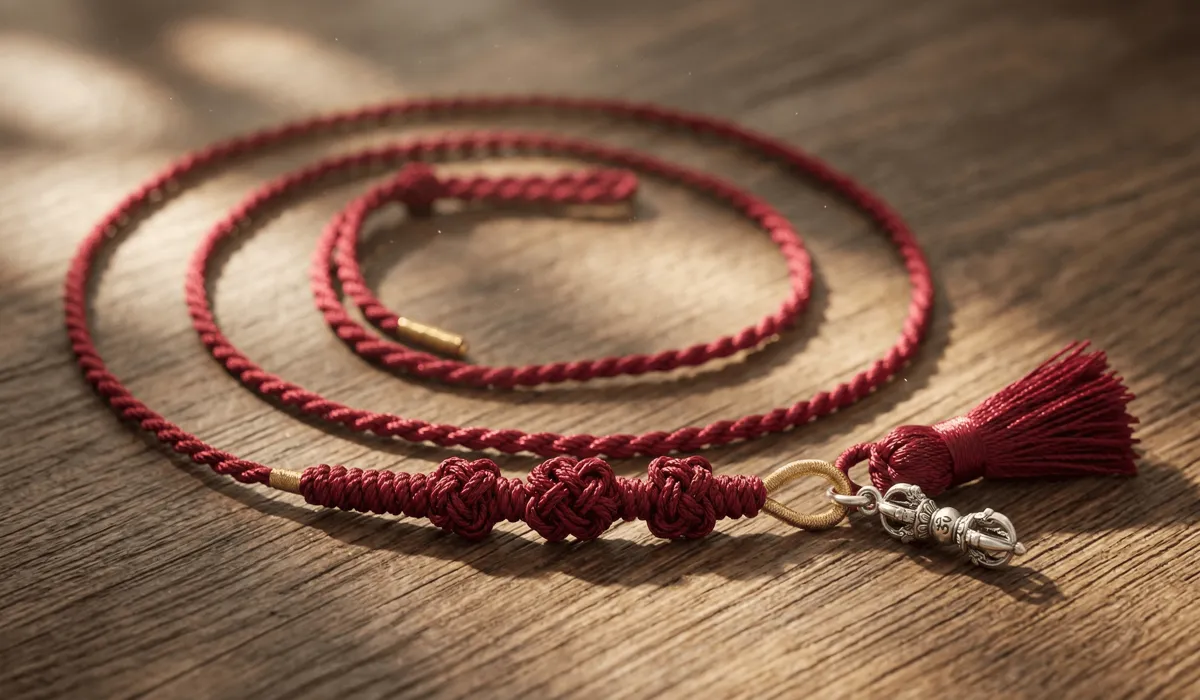 Detailed close-up of a spiritual red string belly chain made of silk with sacred knots on a wooden background.
