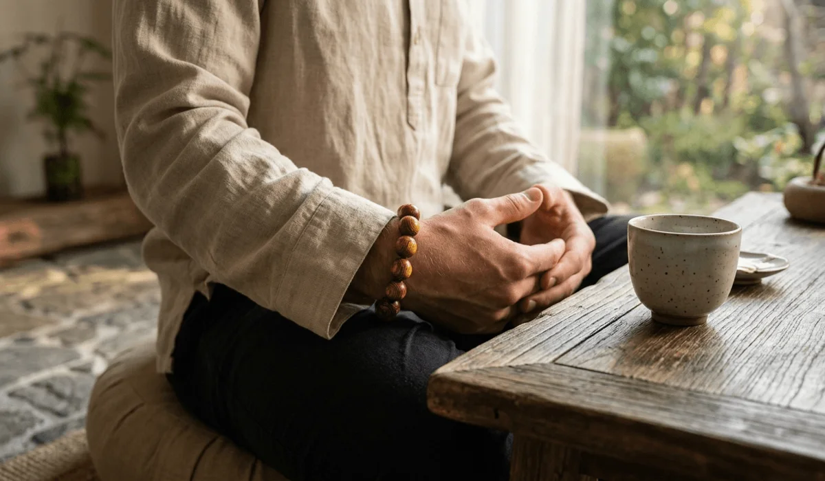 Wearing a Golden Silk Nanmu bracelet on the left wrist to absorb calm Yang energy in a serene meditation setting