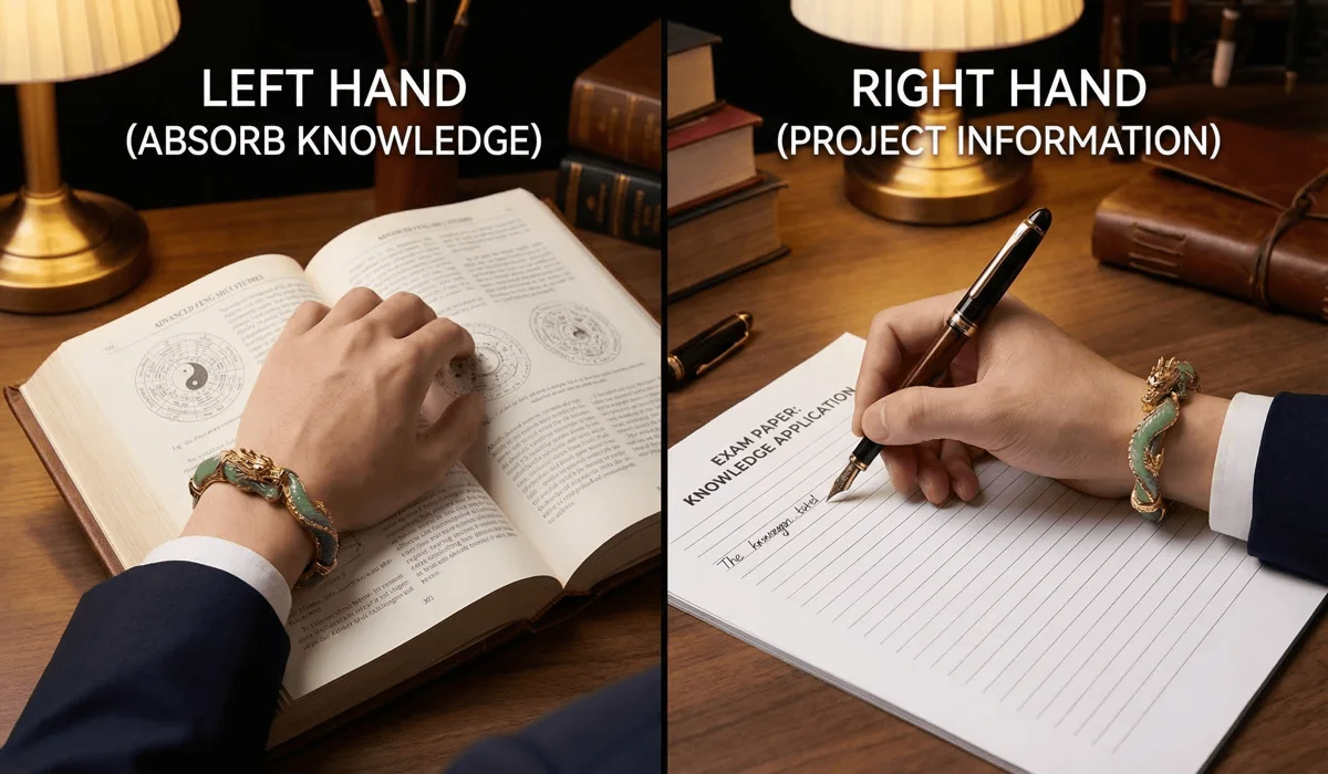 Comparison of wearing a dragon bracelet on the left hand for studying and the right hand for taking exams.