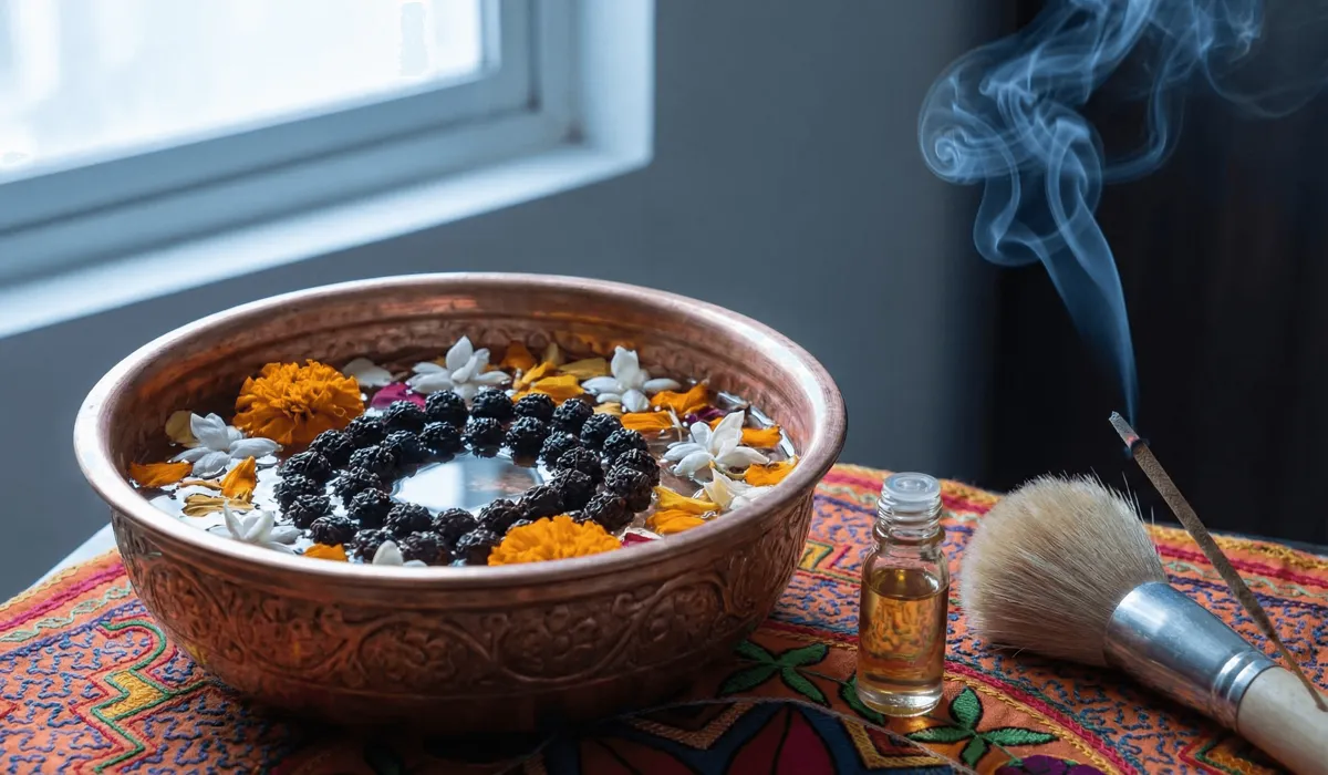 Traditional ritual setup for cleansing and charging Rudraksha beads with copper bowl, oil, and moonlight.