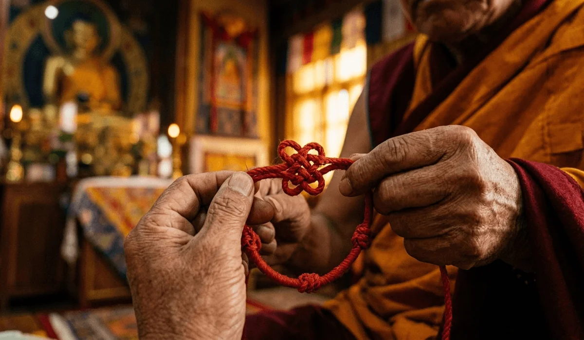 Detailed view of a 7-knot Tibetan red string bracelet being hand-knotted, representing spiritual protection and monk blessings.