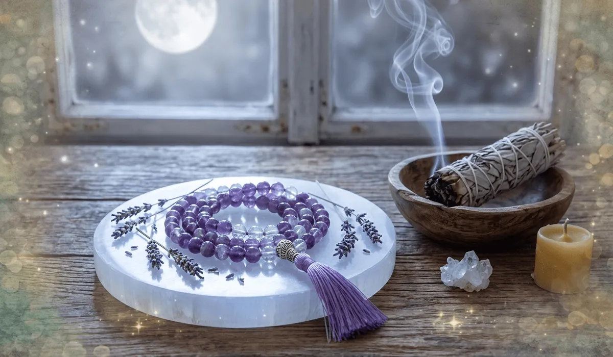 A mala bracelet being energetically cleansed with sage smoke on a selenite charging plate under moonlight.