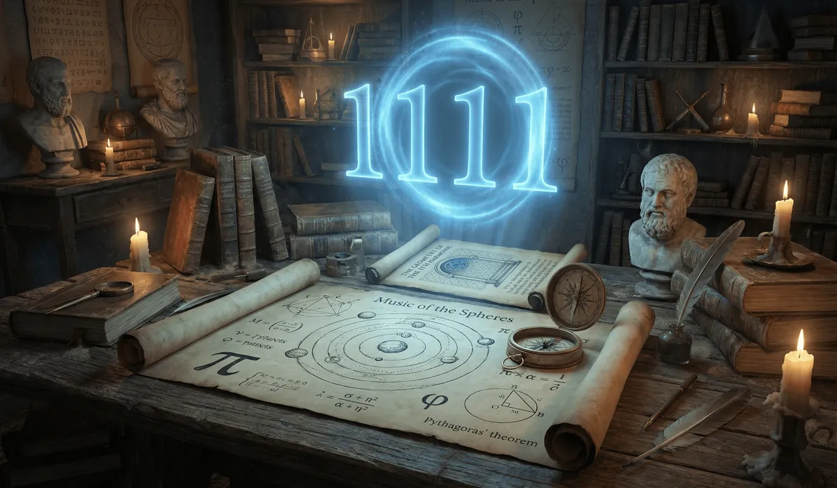 Ancient scrolls and Pythagorean symbols on a desk with a glowing 1111 portal, representing the historical roots of numerology and sacred geometry.