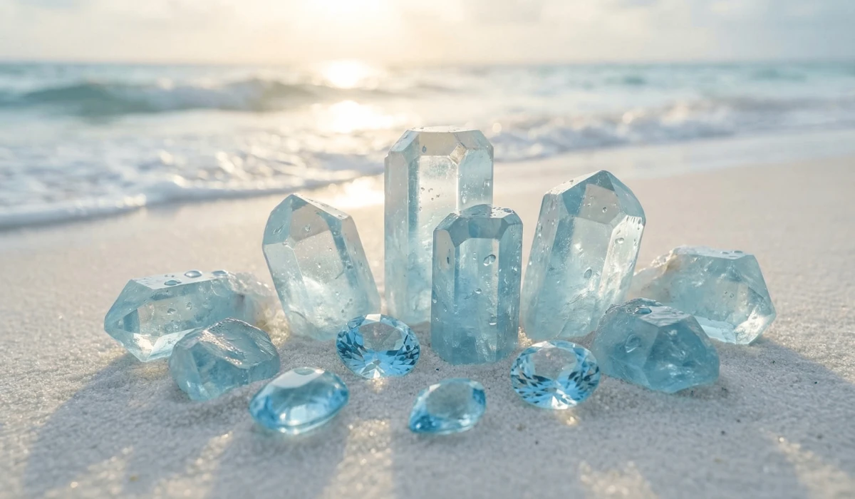 High-quality raw and polished aquamarine crystals on sand reflecting the serene blue energy of the ocean.