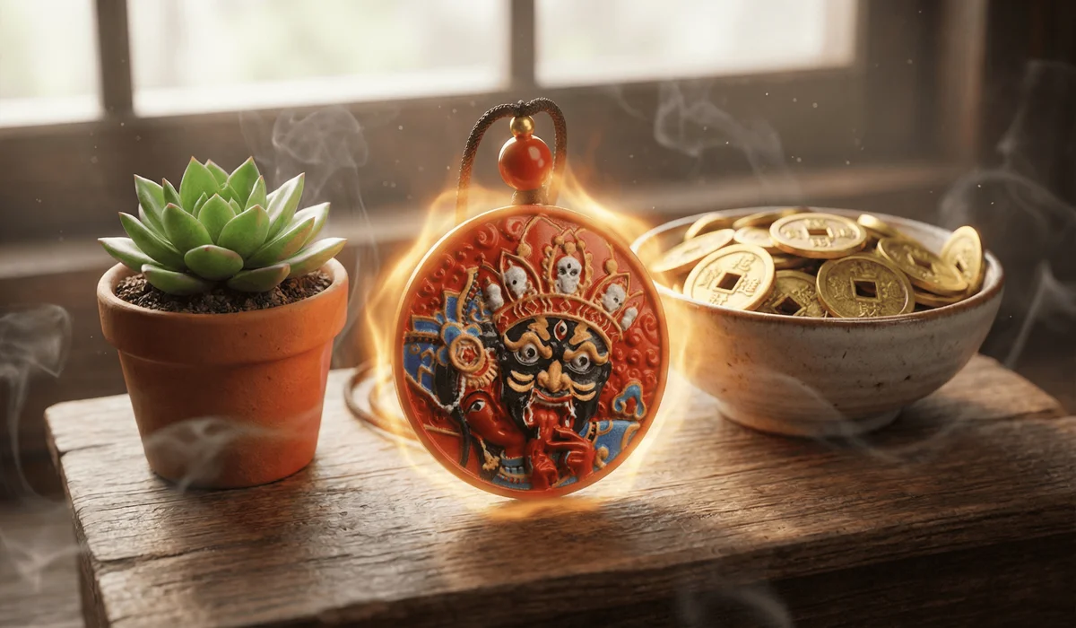 Cinnabar pendant on a spiritual altar symbolizing Feng Shui protection, wealth, and abundance.