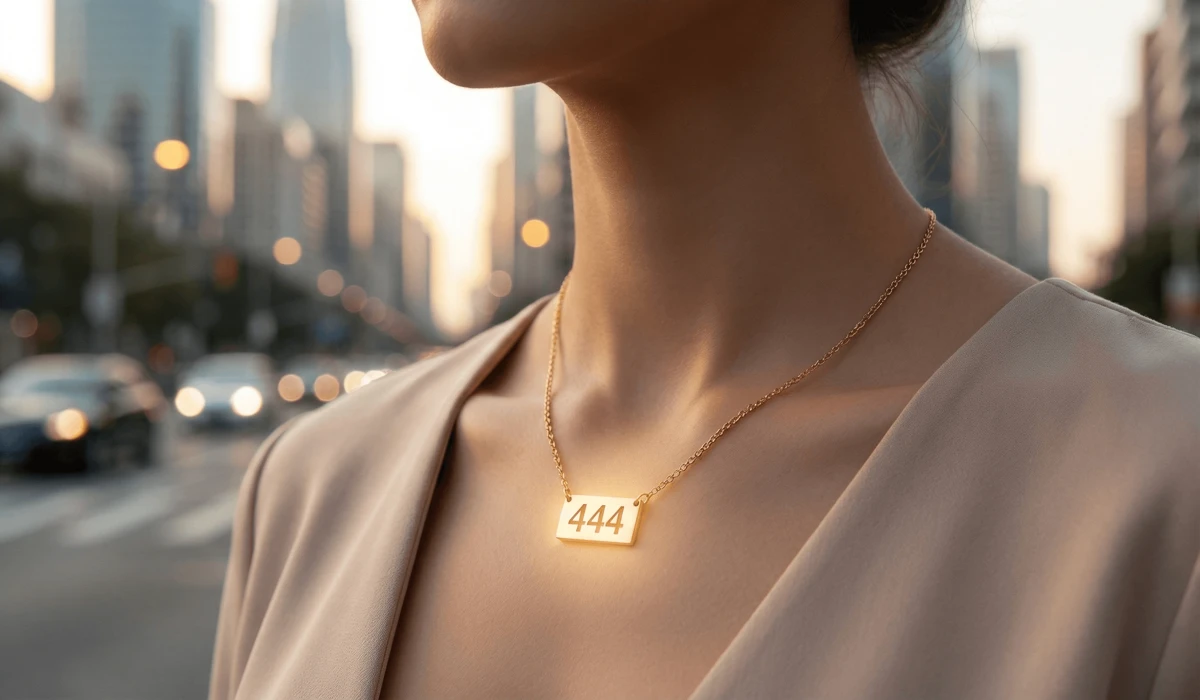 A person wearing a 444 angel number necklace as a spiritual talisman for protection and mindfulness in a modern city.