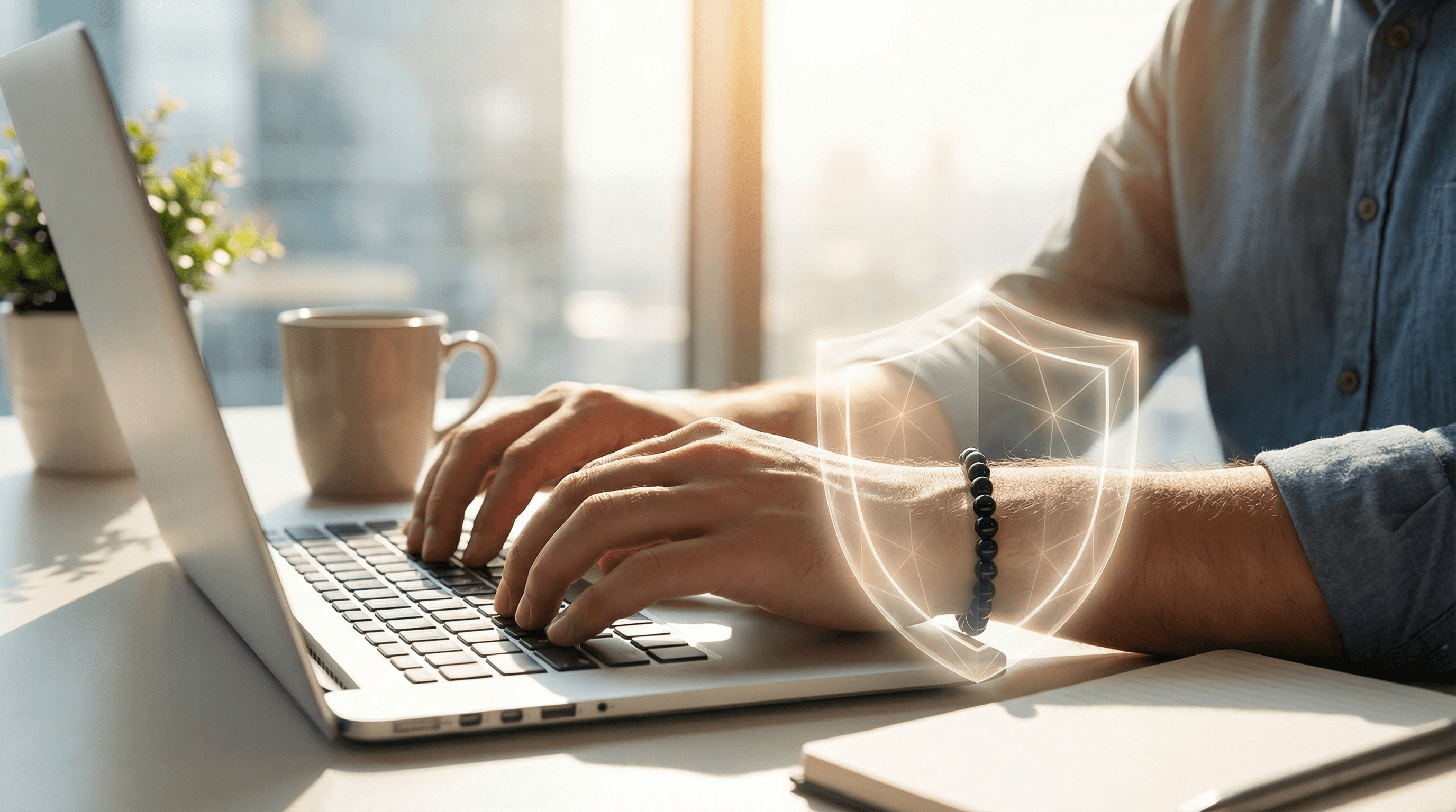 A person wearing a Black Tourmaline bracelet for EMF protection and energy shielding while working at a computer.