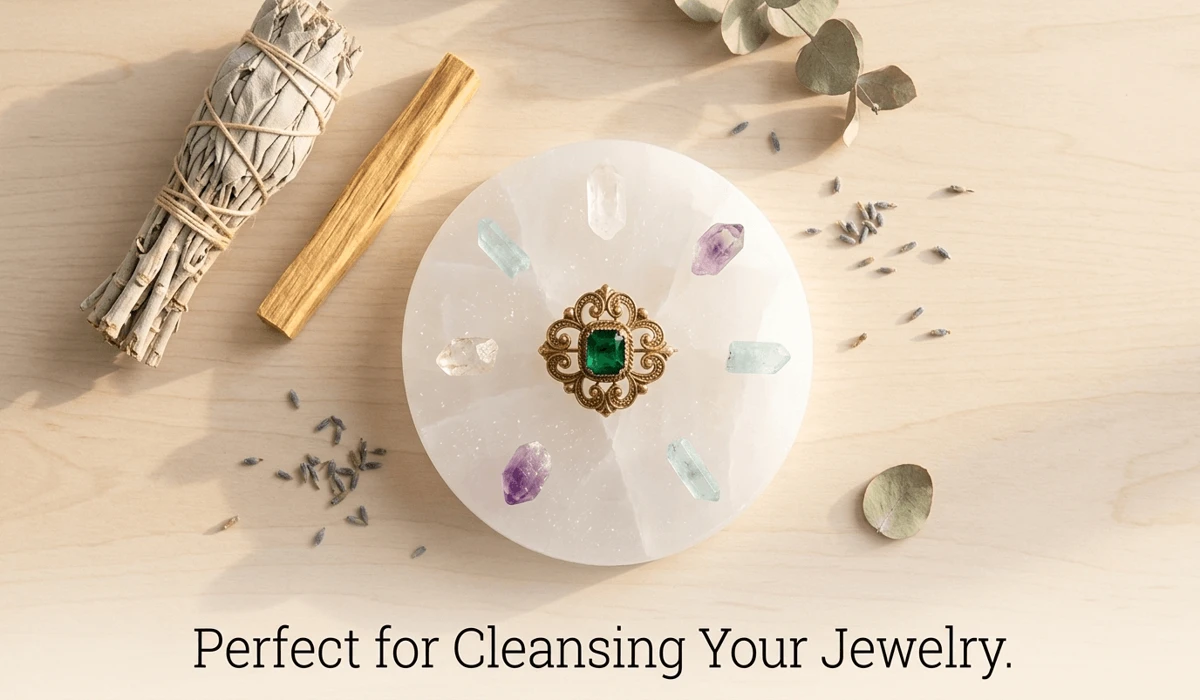 Spiritual tools for brooch cleansing including a Selenite plate, sage, and a gold emerald brooch for energetic alignment.