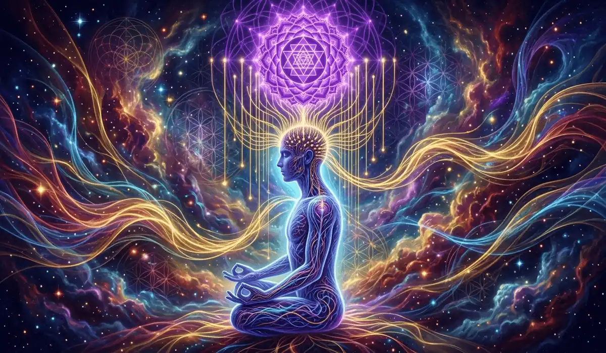 A meditation visual showing hair as a spiritual antenna connecting the human nervous system to the Crown Chakra and cosmic energy.