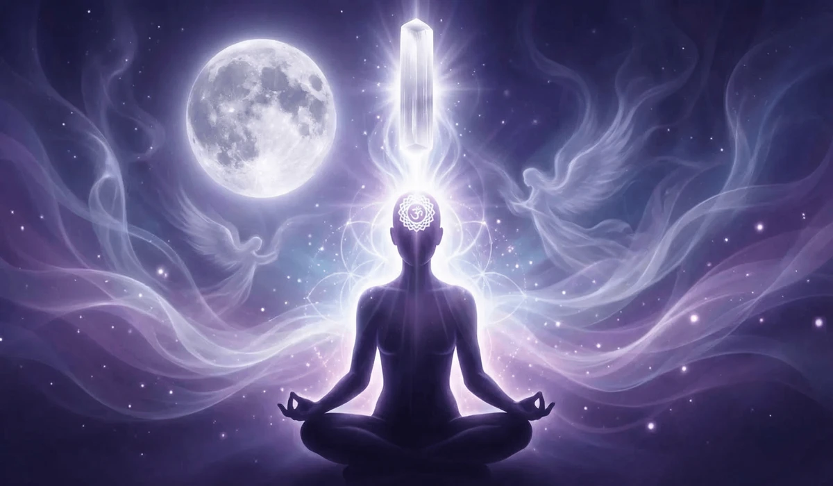 Spiritual illustration of a Selenite wand activating the Crown Chakra with ethereal white light and lunar energy.
