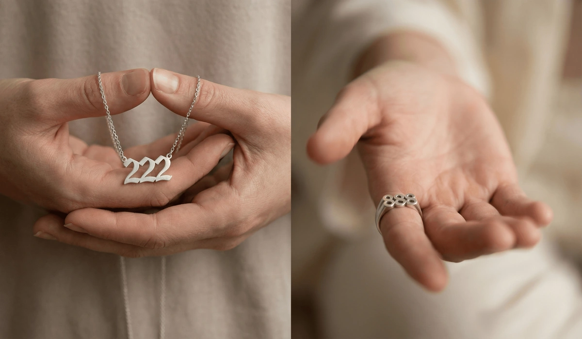 Visual representation of how to wear angel number jewelry on the left and right sides for manifesting and action.