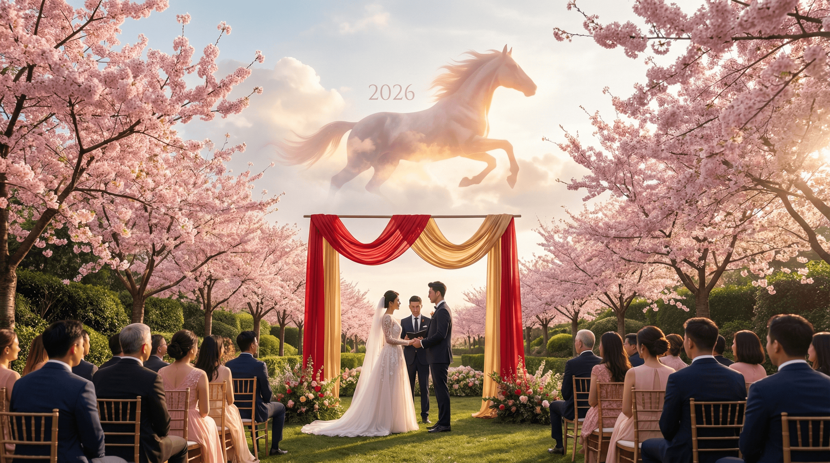 Auspicious 2026 Year of the Fire Horse wedding ceremony with red and gold decor symbolizing Chinese zodiac energy.