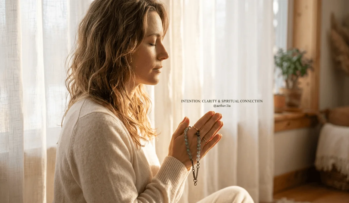 A person setting personal intentions while holding a moonstone bracelet during a meditation session.