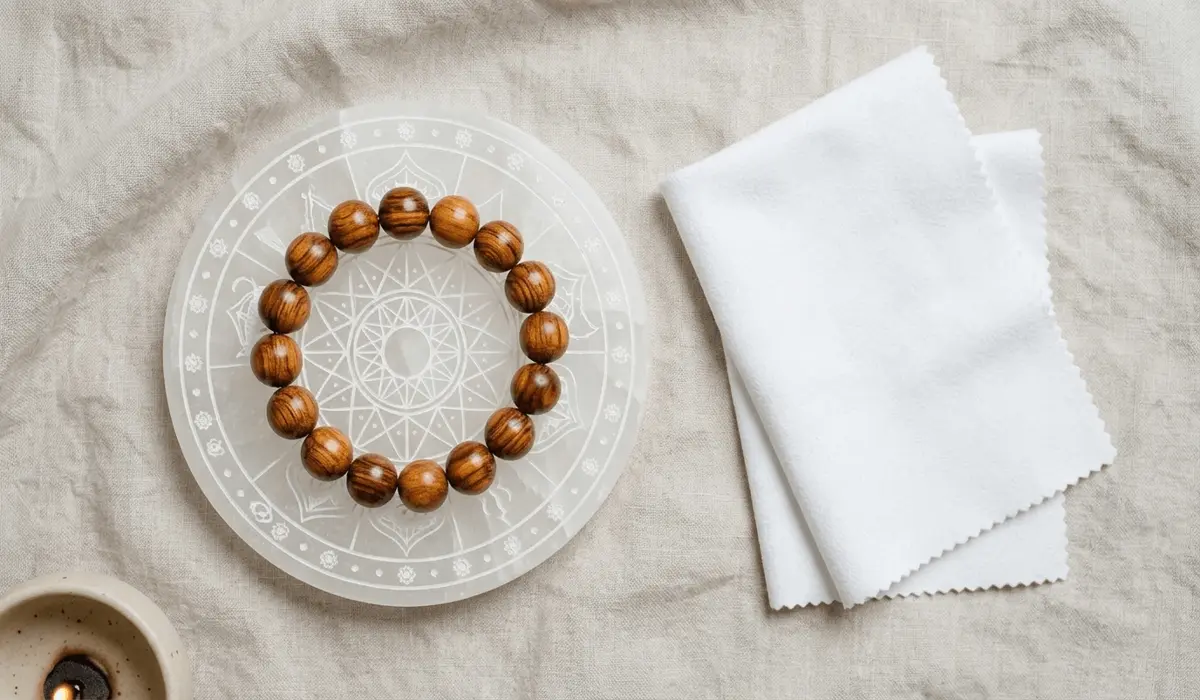Huanghuali wood bracelet resting on a selenite crystal cleansing plate for care and energy refresh.