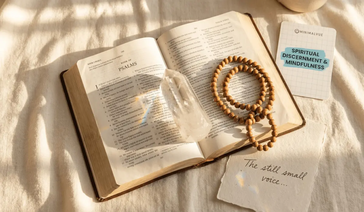 A clear spiritual crystal resting on an open Bible with prayer beads, symbolizing the use of aesthetic tools for Christian spiritual discernment and mindfulness.