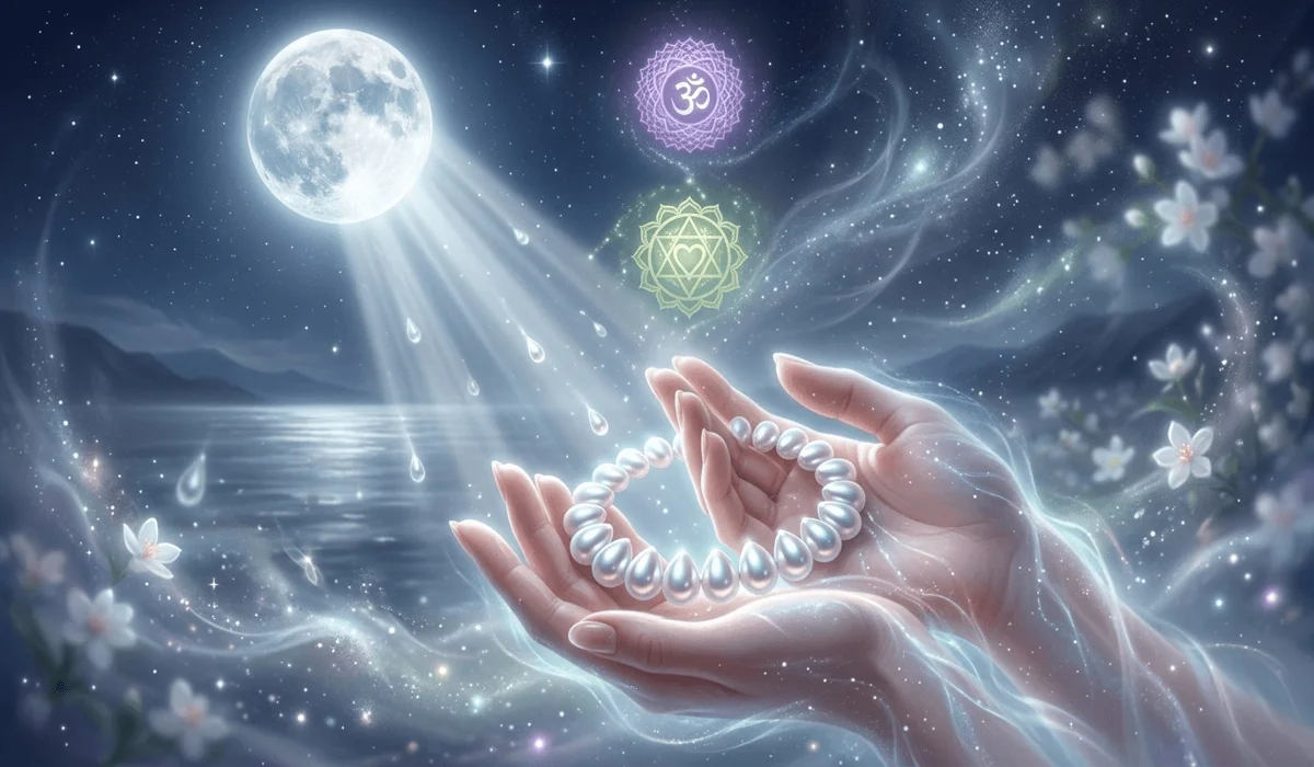 Spiritual symbolism of pearls as tears of the moon, highlighting their connection to the Heart Chakra and divine feminine intuition.