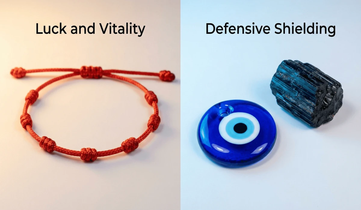 Comparison of a red string bracelet, an Evil Eye charm, and Black Tourmaline for spiritual protection.
