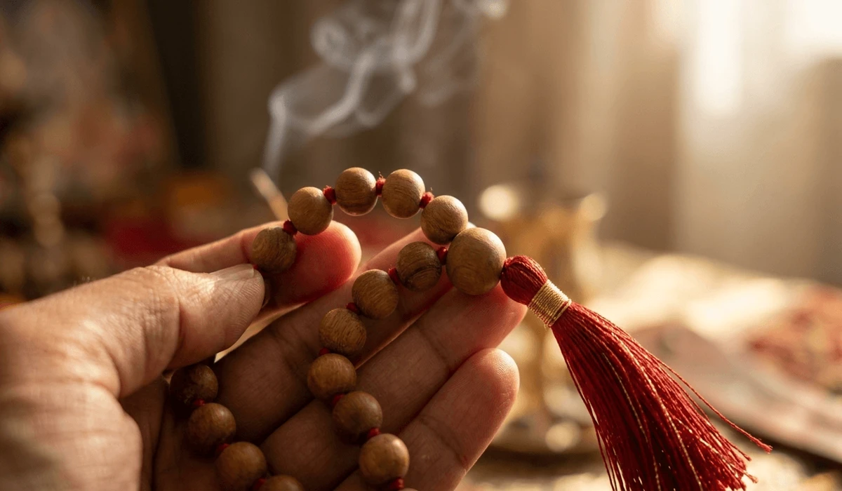 Macro view of authentic aromatic sandalwood mala beads with a silk tassel being held for meditation.