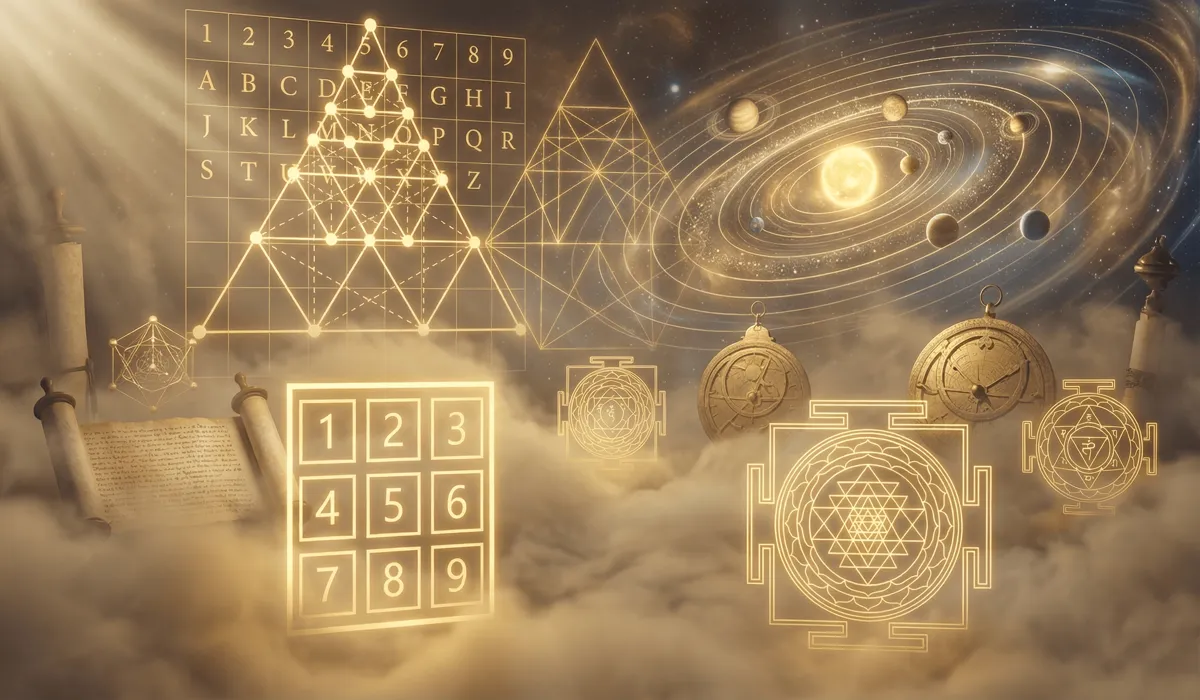 Ancient origins of angel numbers featuring Pythagorean geometry, Taoist Lo Shu Square, and Vedic symbols representing the history of wealth numerology.