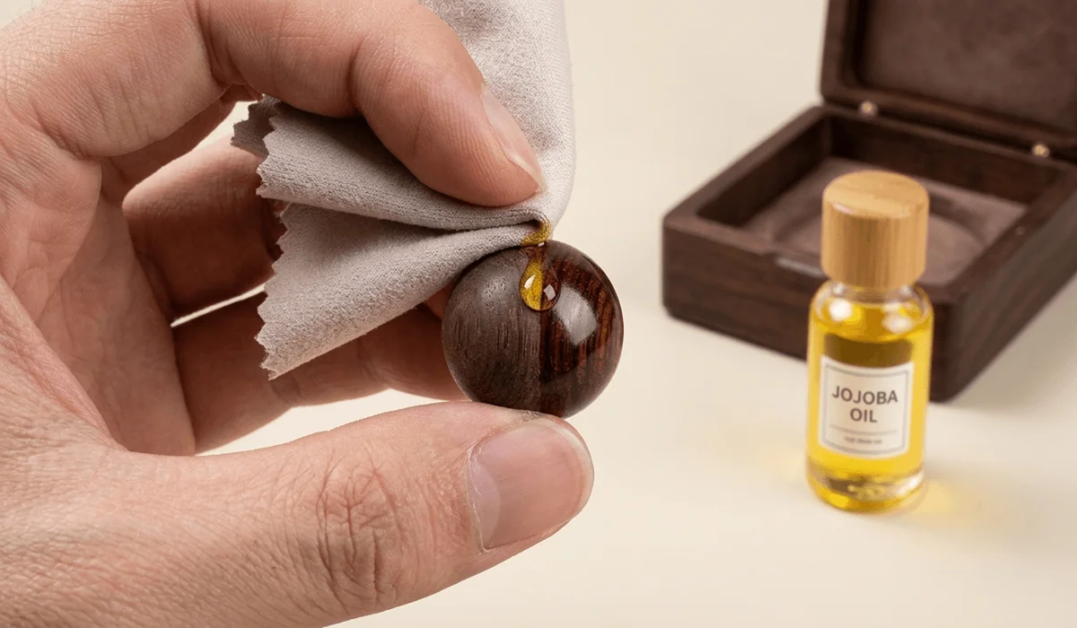 Restoring the natural oils and shine of a rosewood bracelet using jojoba oil and a soft cloth for long-term maintenance.