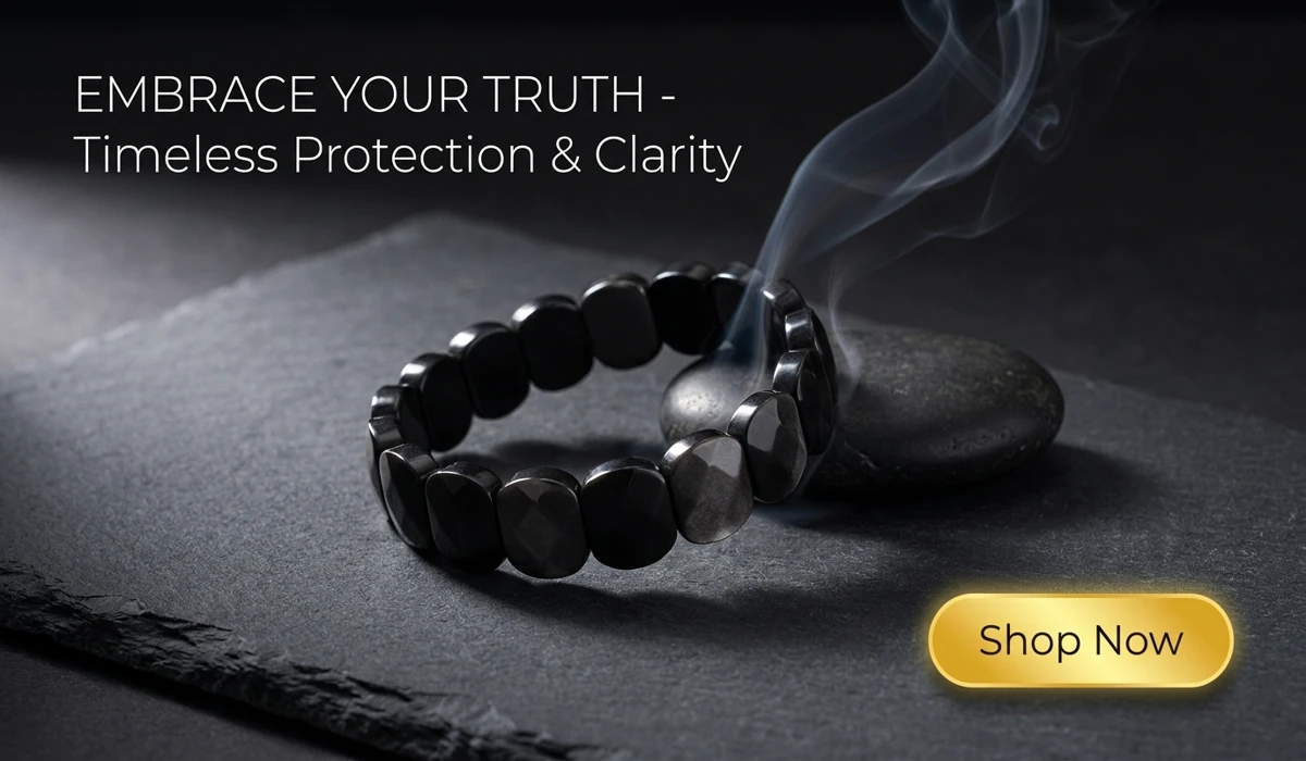 Silver Sheen Obsidian Flat Beaded Bracelet for protection and truth, high-end obsidian jewelry on a dark slate background with a Shop Now button.