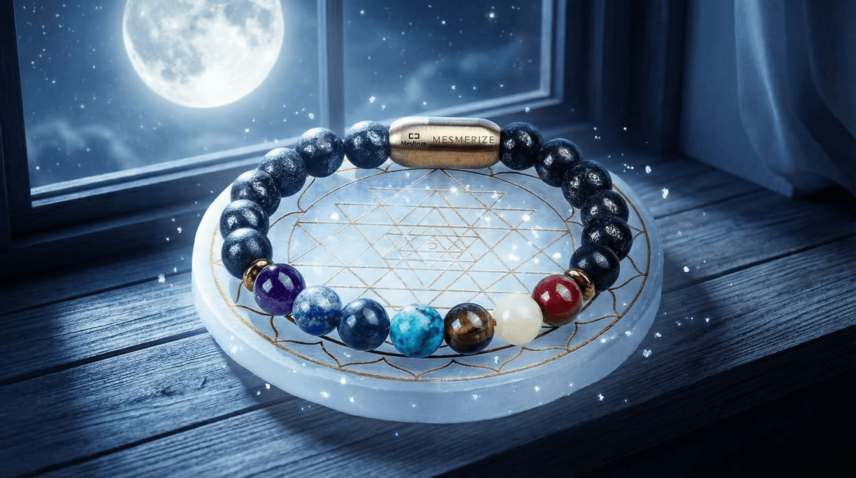 A 7 chakra bracelet being charged on a selenite plate under the light of a full moon for energy restoration.