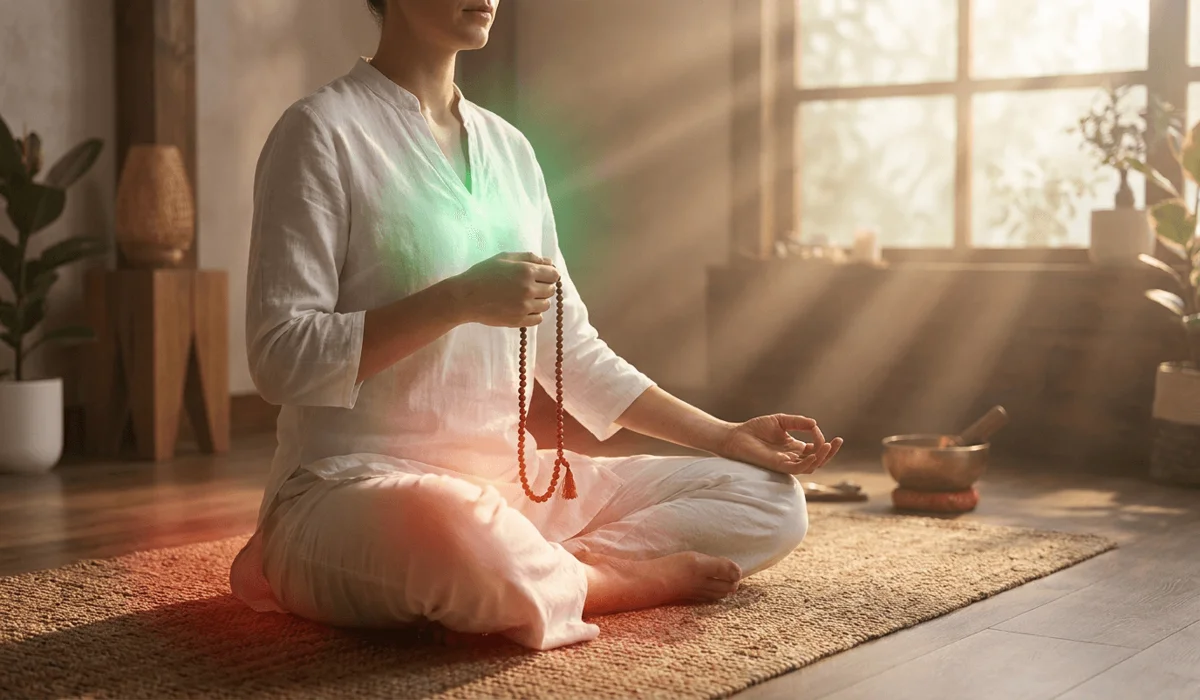 Spiritual meditation scene depicting red sandalwood Root Chakra grounding energy and green sandalwood Heart Chakra alignment.