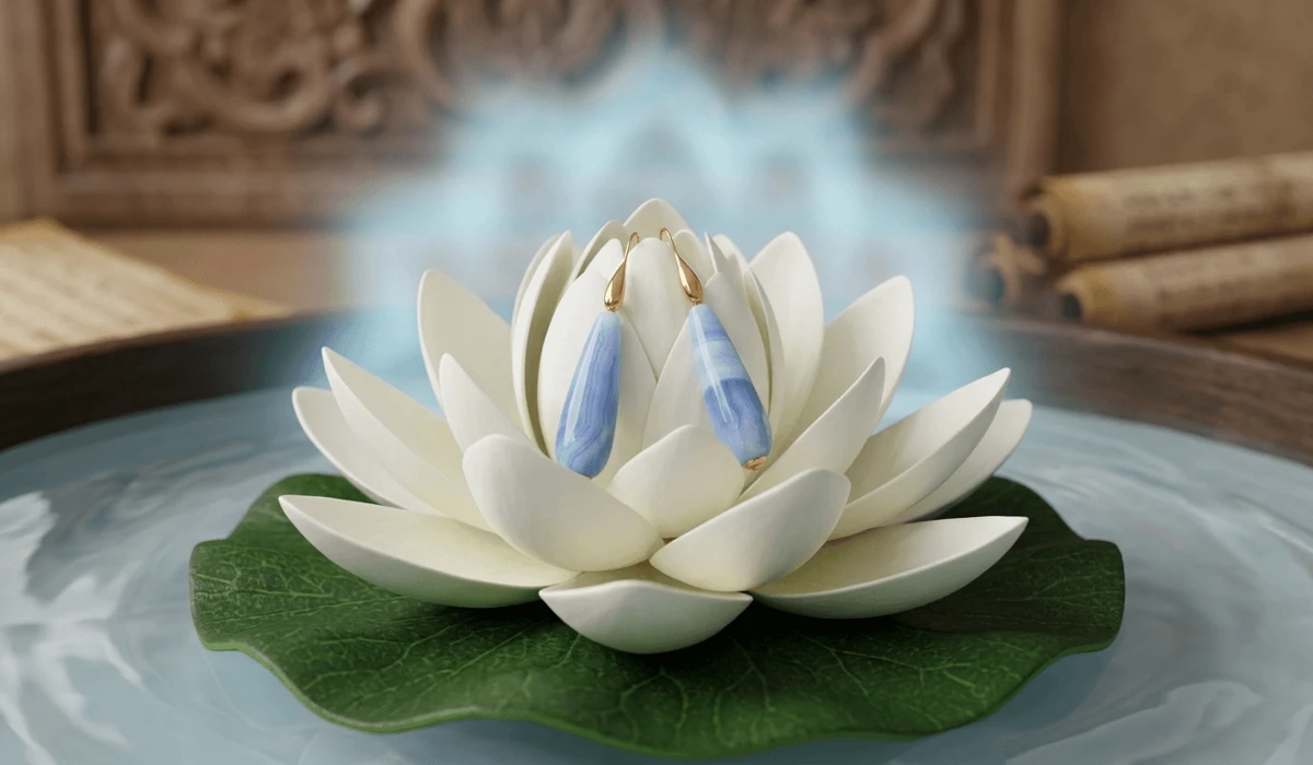 Teardrop-shaped blue lace agate earrings on a lotus flower, representing the Water element and Throat Chakra resonance.