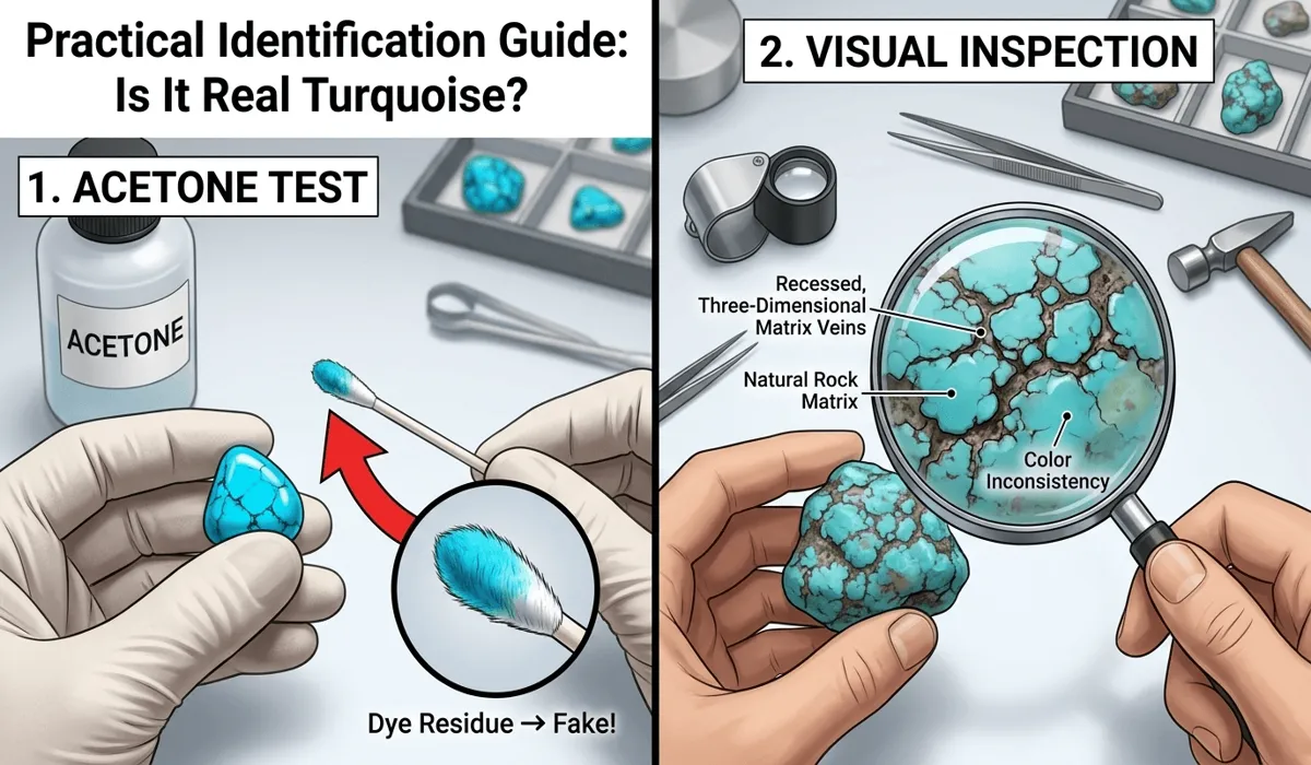 Instructional photo showing an acetone test revealing dye on a fake gemstone and a magnifying glass inspecting a real turquoise matrix.