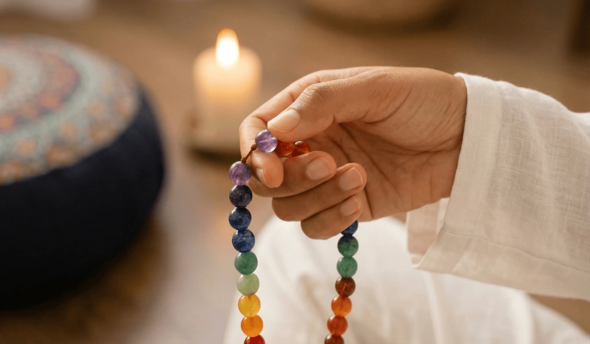 Close-up of hands using 7 chakra mala beads for mantra recitation and meditation technique.