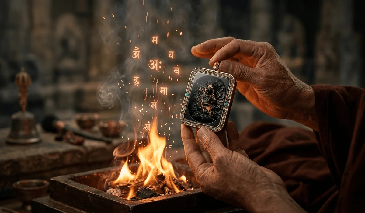 A person holding an Acala talisman pendant during a fire ritual to invoke mental fortitude and spiritual protection.