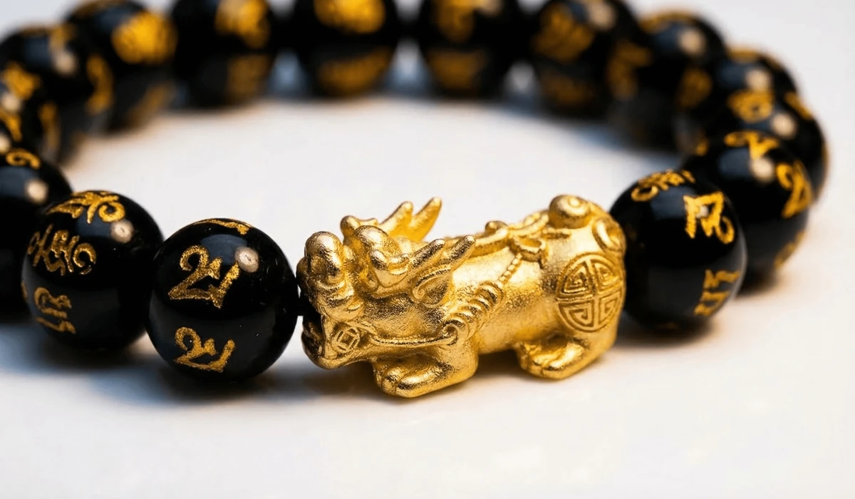Close-up of a Mantra Carved Pixiu Bracelet with black obsidian beads and gold Sanskrit mantra engravings.