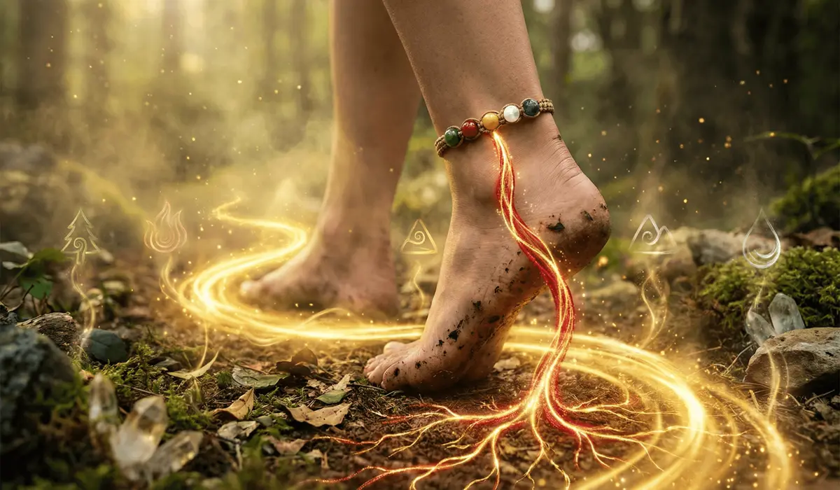Conceptual illustration of the energy flow and Earth Luck connection when wearing a Feng Shui anklet.