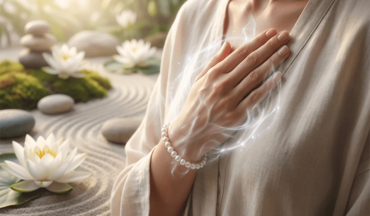 A close-up of a woman wearing a pearl bracelet for emotional balance and heart chakra healing in a zen garden.
