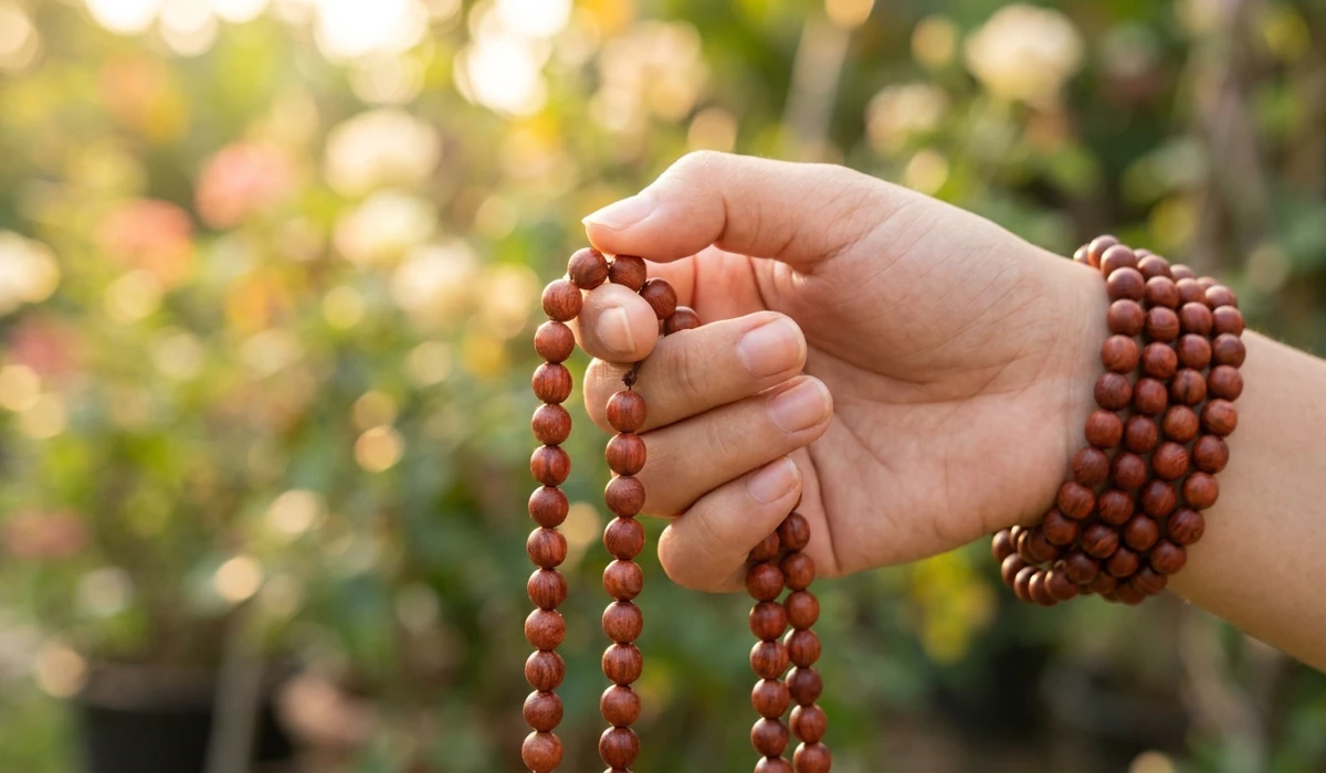 Detailed view of hand placement for Japa meditation with a red sandalwood mala draped over the middle finger.
