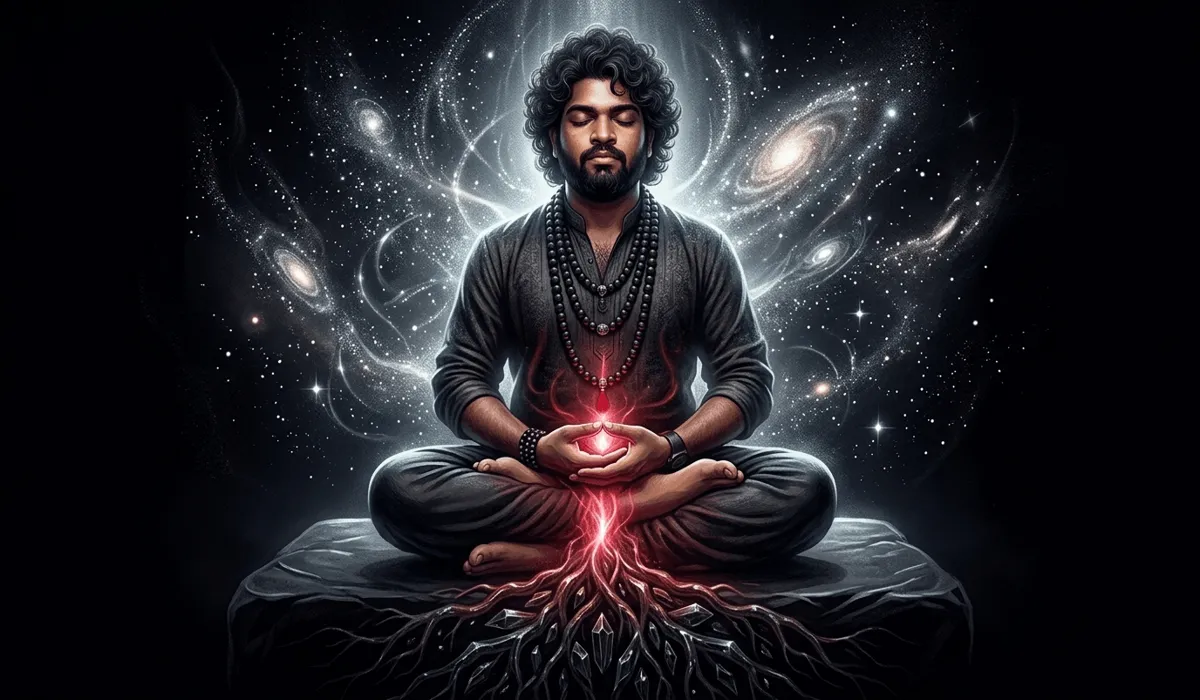Digital art representing Root Chakra balancing and spiritual grounding using Karungali ebony wood beads against a cosmic background.