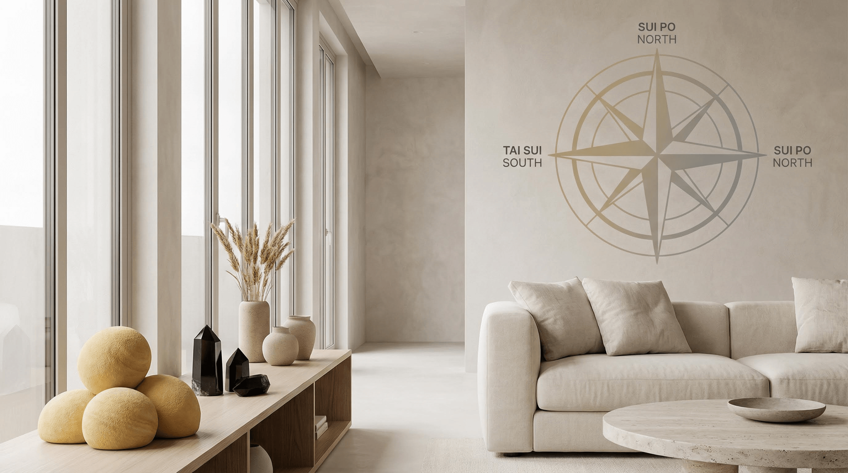 Modern living room Feng Shui for 2026 featuring yellow stone and obsidian crystals in the South sector