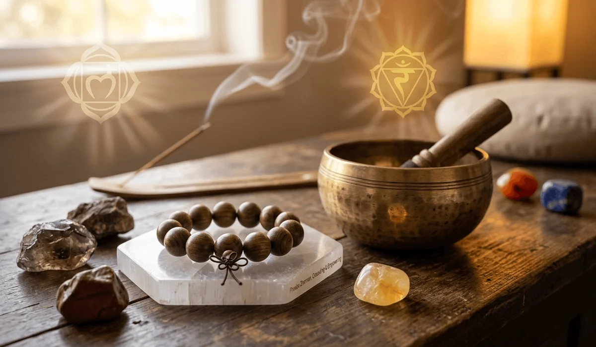 Phoebe Zhennan bracelet on a spiritual altar with a singing bowl and selenite for energy cleansing.